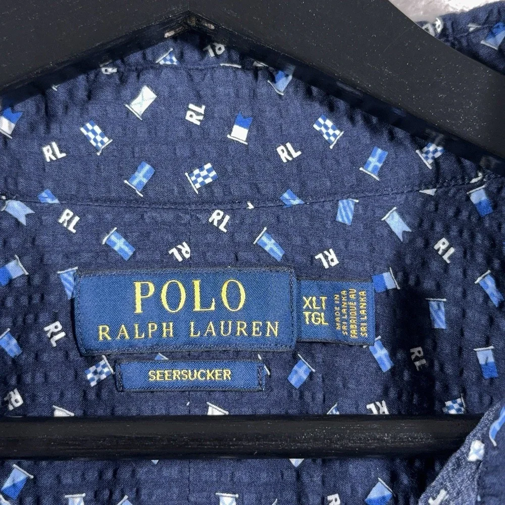 Polo Ralph Lauren Seersucker Camp Shirt Mens XLT Blue Geometric Short Sleeve
